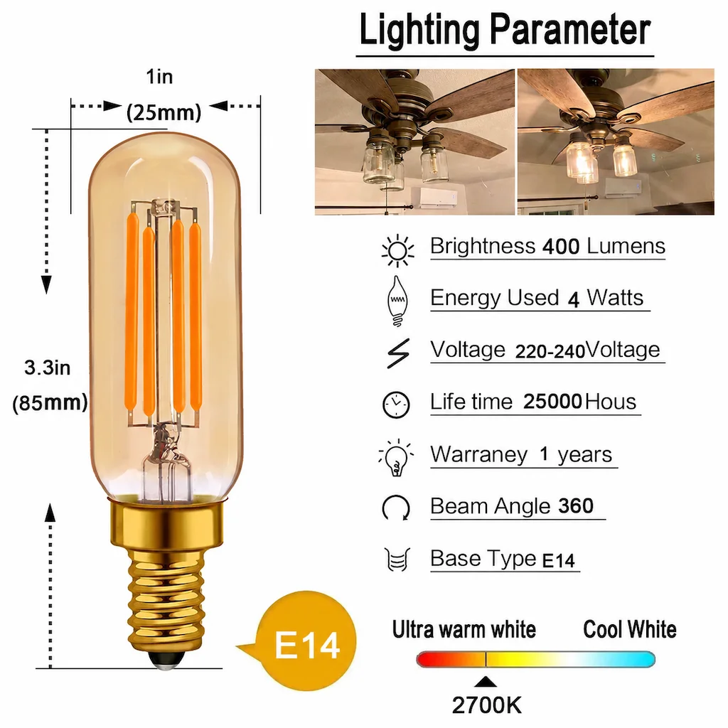Hcnew T25 LED Filament Tubular Lamp Led Bulb 4w 2700k Amber Glass E12 E14 Light Bulb Dimmable Decorative Chandelier