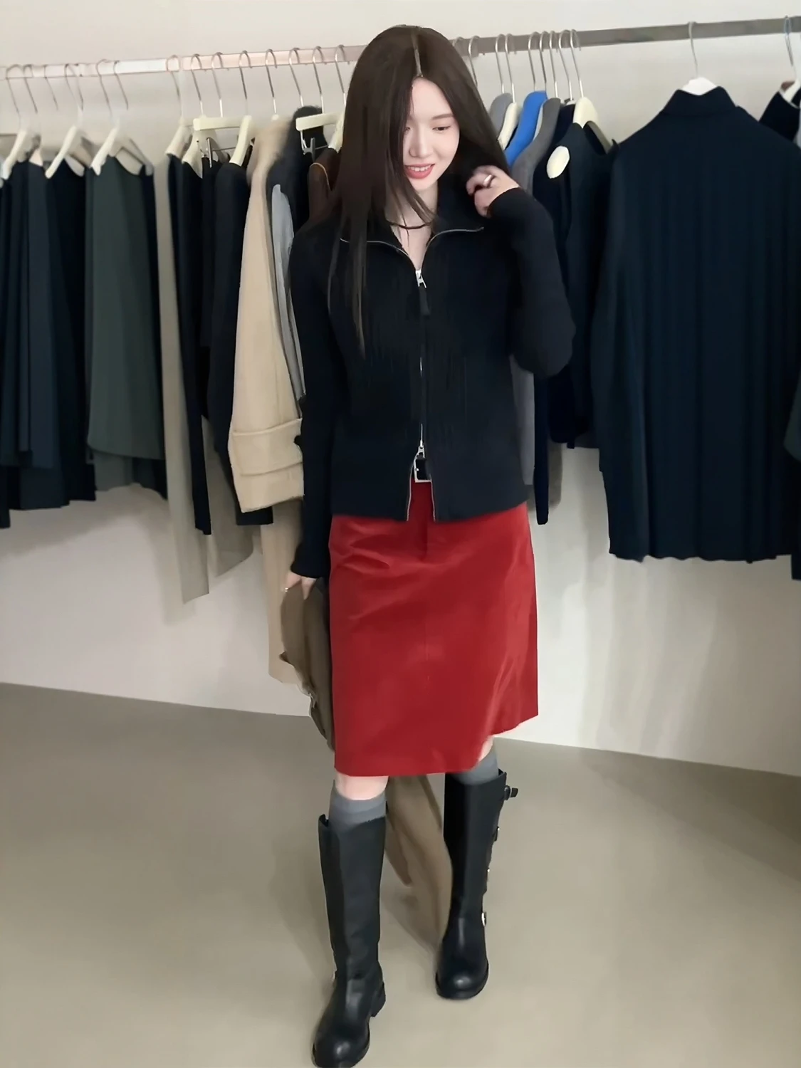 

Spring New Black Zipper Knitted Open Cardigan High Waist Straight Cut Half Skirt Slimming Commute Set Women's Fashion Ensemble
