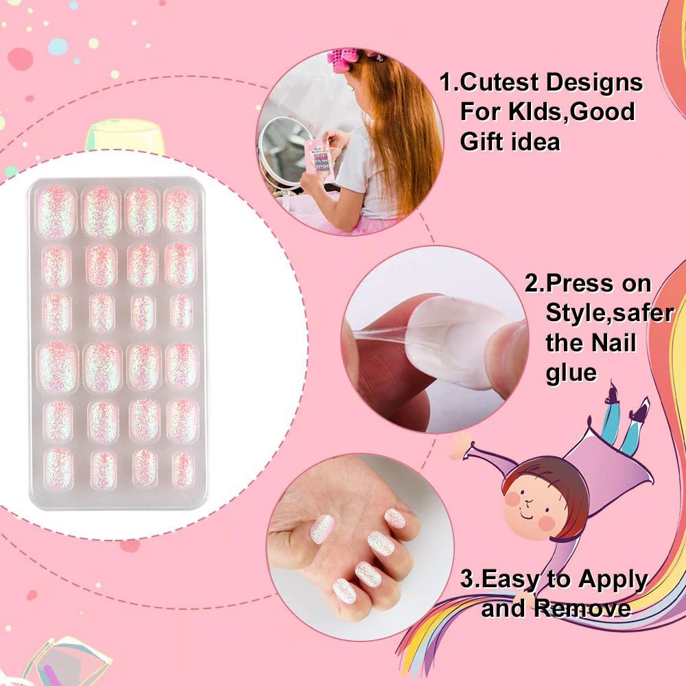 24pcs Kids Nail Art Nail Tips Glitter Blingbling Fake Nails Press On Nails DIY Manicure For Children Birthday Kids Nailart 6+_voghion.com
