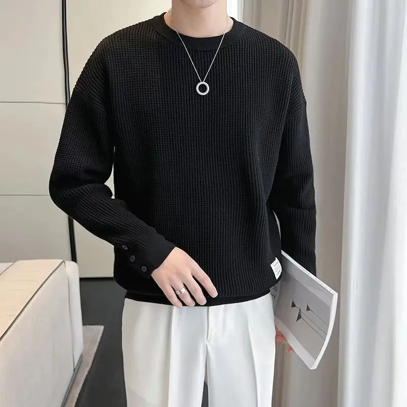 Relaxed-Fit Long-Sleeve Shirt Trendy Round Neck Bottoming Tees Graphic Jumper Men Clothing Camisas Masculina Versatile T-shirt