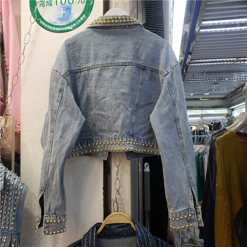 Lavoro pesante Rivetto Diamanti Tasche grandi Giacche di jeans Donna Casual Cowboy Capispalla Chaqueta Mujer Giacca di jeans corta allentata Donna