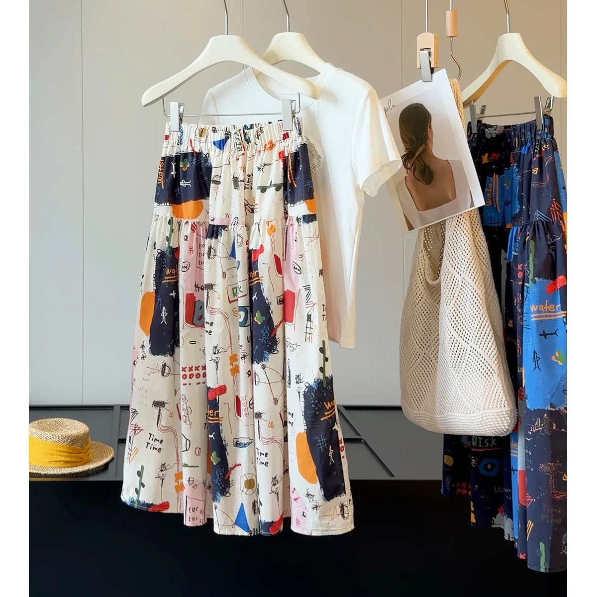 Women Summer Cartoon Print Skirt A-Line Long Skirts Stretch High Waist Maxi Skirts Faldas Femme