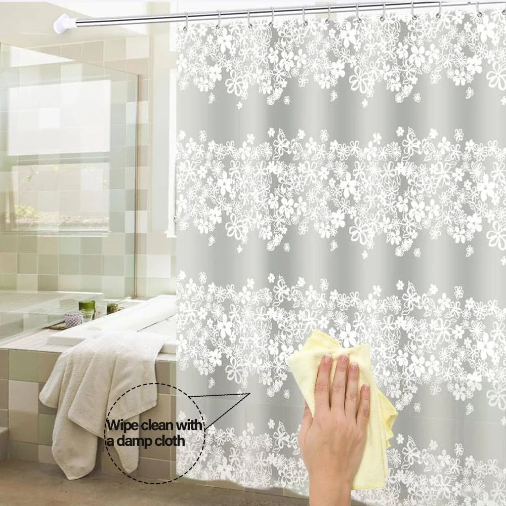 1pc White Flower Shower Curtain Liner with Metal Grommets & Plastic Hooks, Plastic Transparent Bath Curtain Bathroom Decor