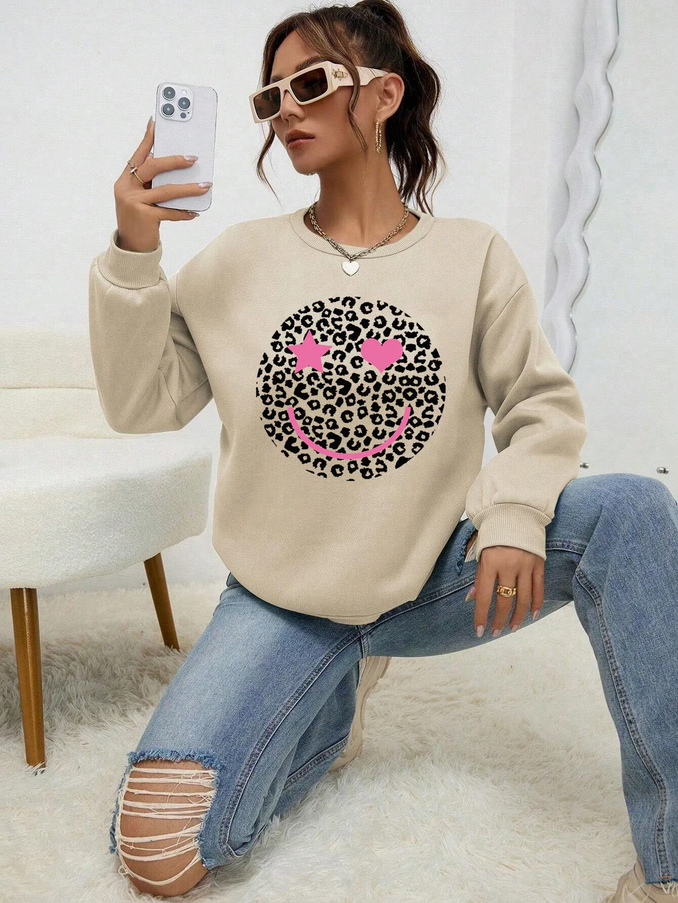 Leopard Print Smile Face Love  Printed Sweatshirt Womens Autumn Soft Hoody Fleece Warm Hoodies Street All-Match Female Pullover