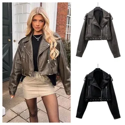 PB&ZA2024 Winter New Women's Wear New Artificial Leather Jacket Fashion Short Flip Collar Zipper Belt Decoration Coat