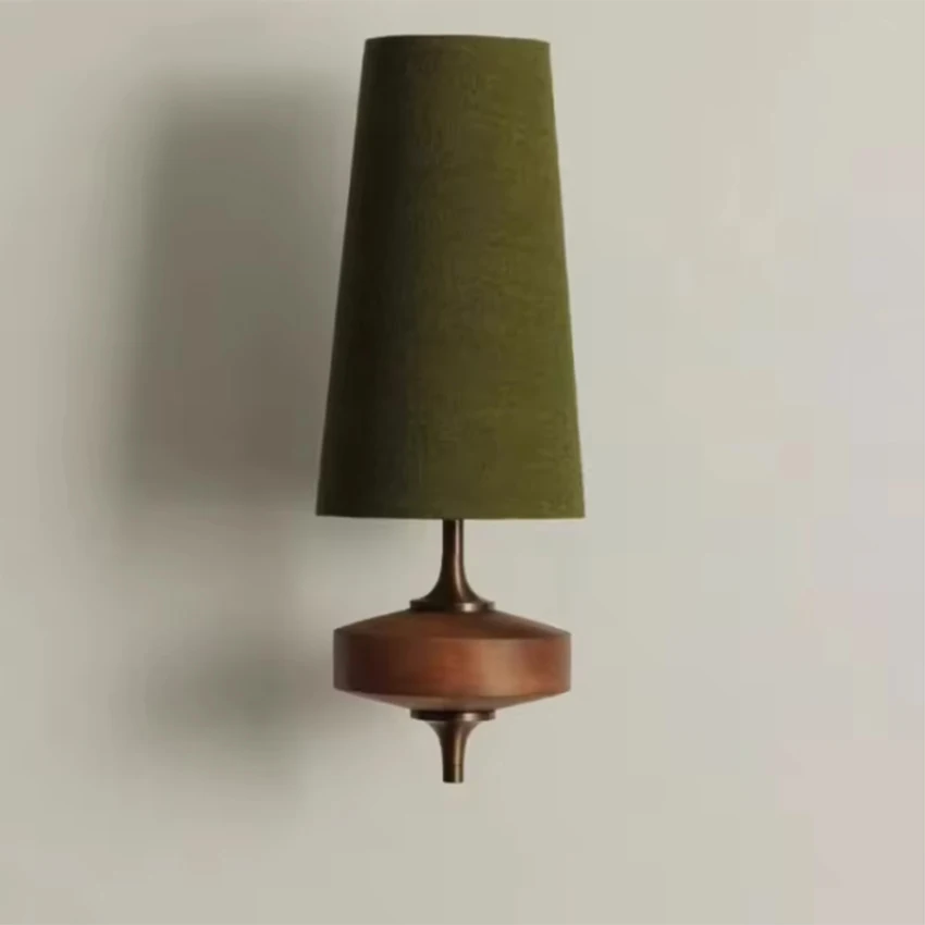 French retro walnut solid wood wall lamp creative fabric lampshade suitable for bedroom bedside porch living room background wal