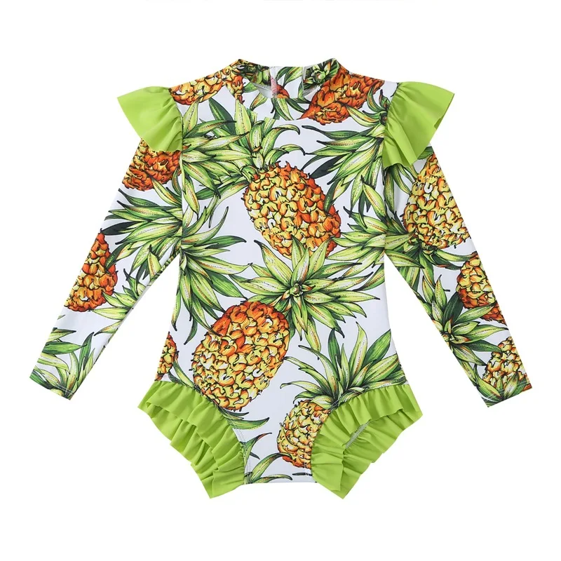 Summer Girls Clothes Children Swimwear Fruit Palm Leaves Print Zipper Ruffles Bodysuits Swimsuits Bathing Suits Swmming Clothing