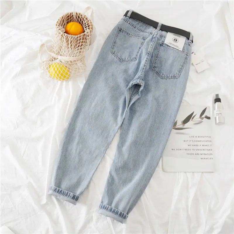 Celana Jeans Wanita Model Harem High Waist Wide Leg Straight Cut, Longgar, Panjang 9/10, Warna Biru Denim, Gaya Korea, Terbaru 2023...