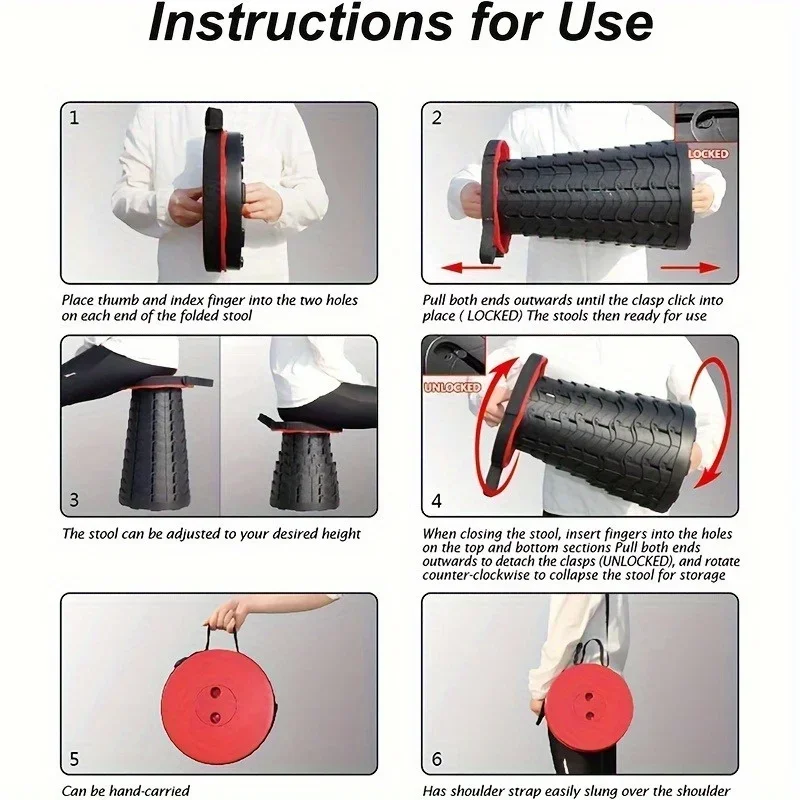 휴대용 텔레스코픽 접이식 의자 1개, 야외 여행, 하이킹, 캠핑 및 낚시에 적합 - 높이 조절 가능 및 경량