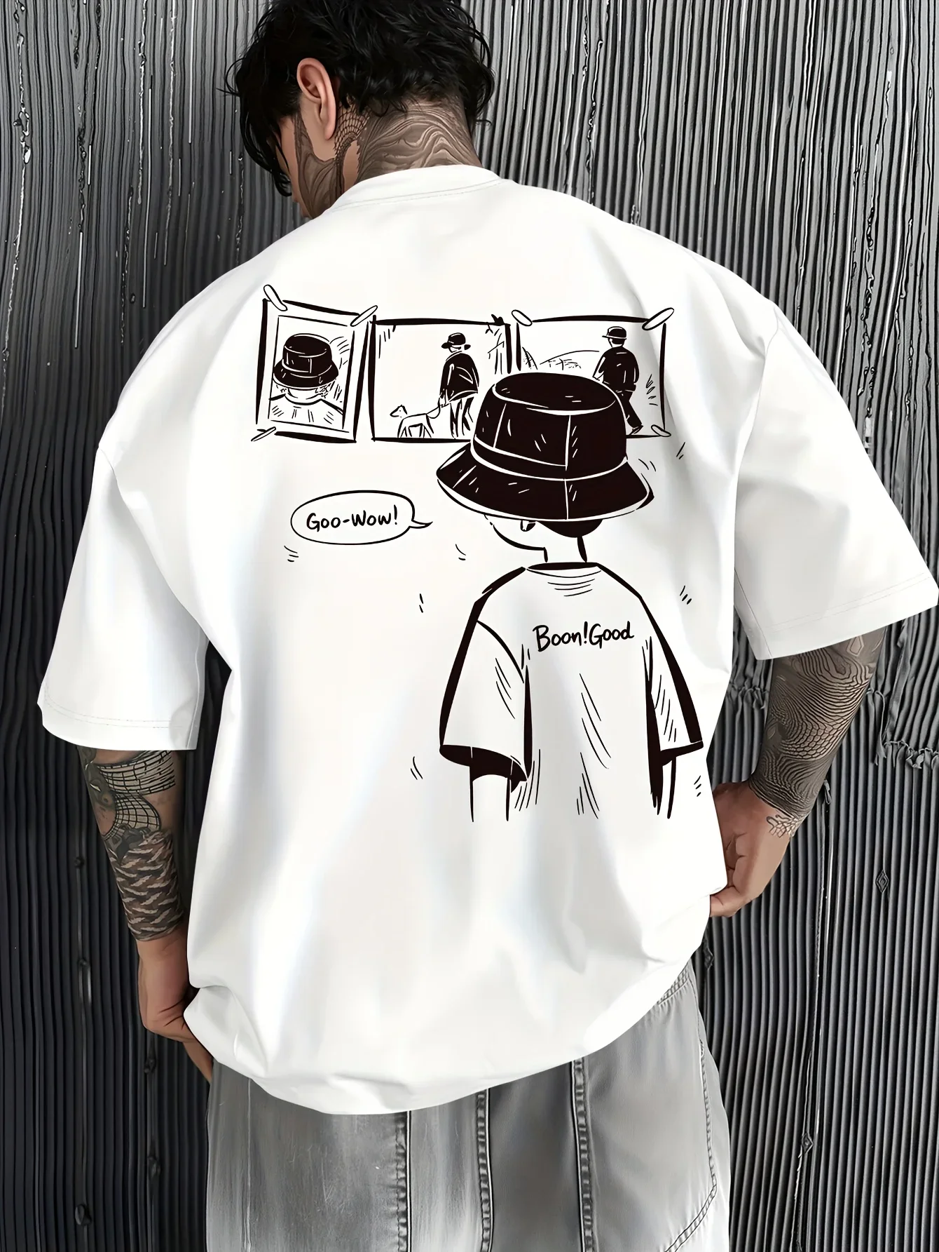 Minimalist Black‑white Hand‑drawn Character Back‑print T‑Shirt Men Soft‑fabric White Casual Streetwear Tees