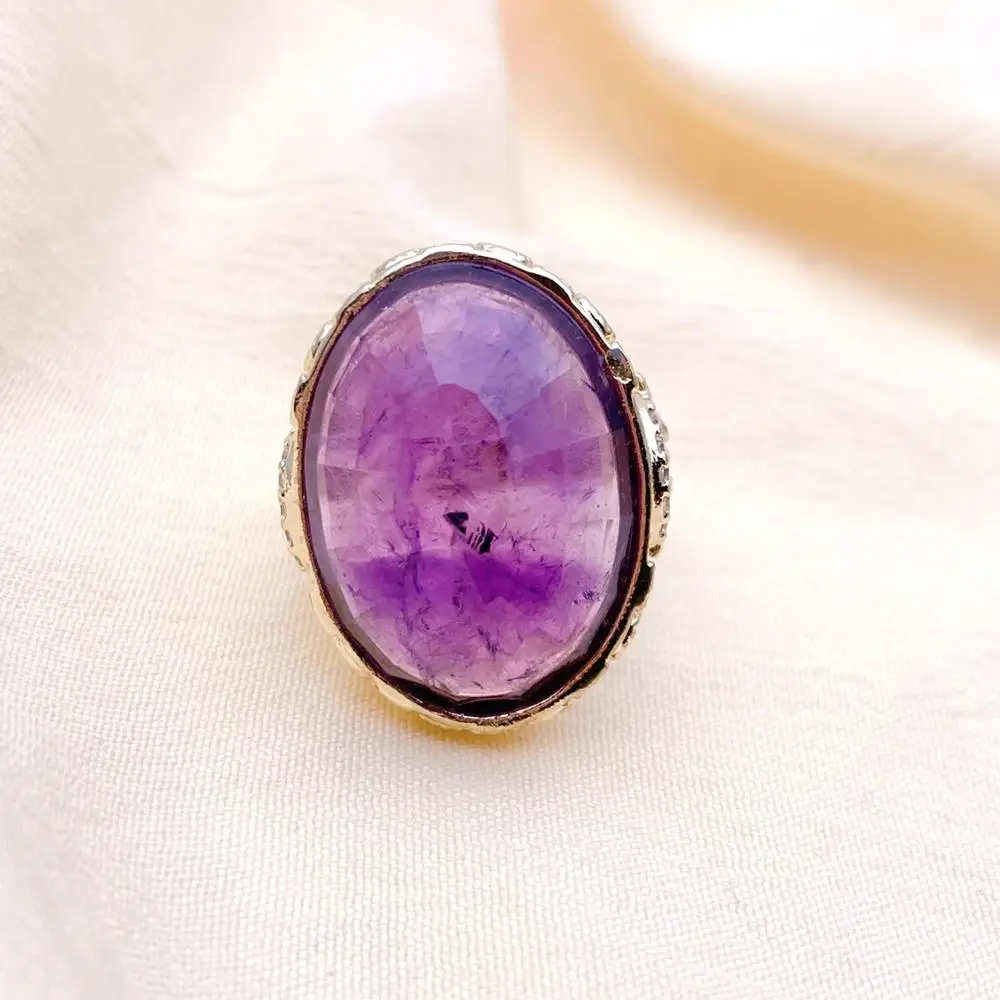 

KKGEM Big Gemstone Rings Gold Plated 22x28mm Natural Purple Amethyst faceted oval shape Party Ring Size Adjustable