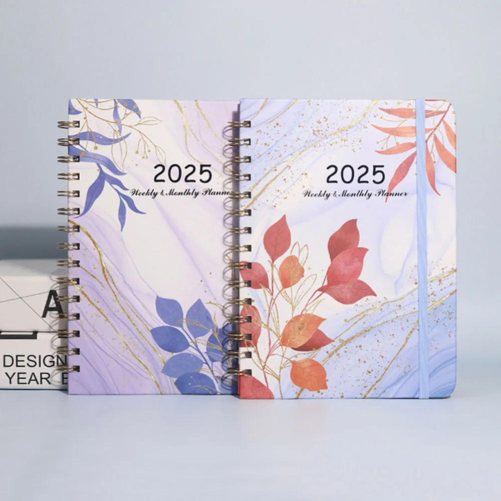 New A5 Coil Notebook Student Notepad Portable Office Supplies Planner Book Floral Leaves Pattern Cardboard Cover Schedule 2025