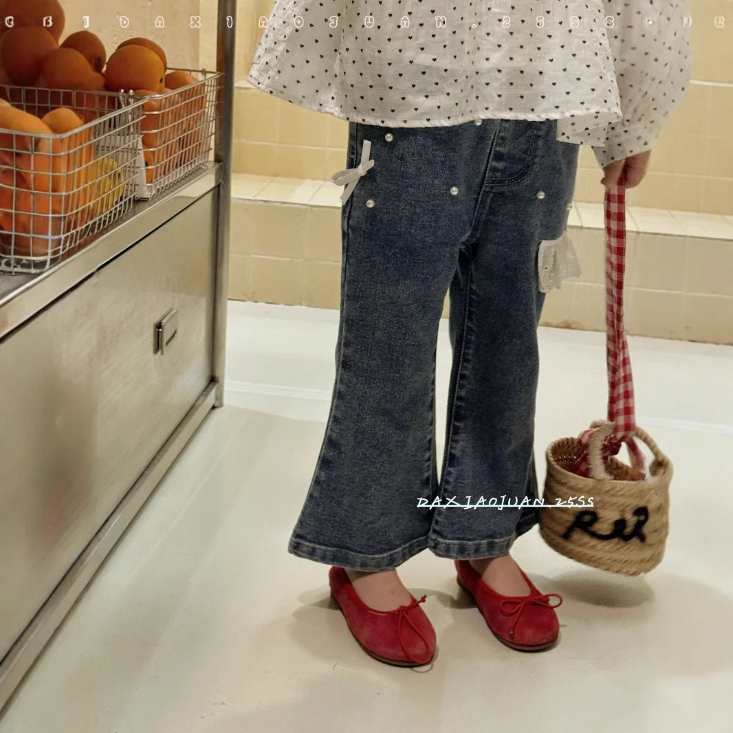 Trousers All-matched High-rise Flared Jeans Children Swear Pearl New Fashionable Cotton Casual Sweet Comfortable