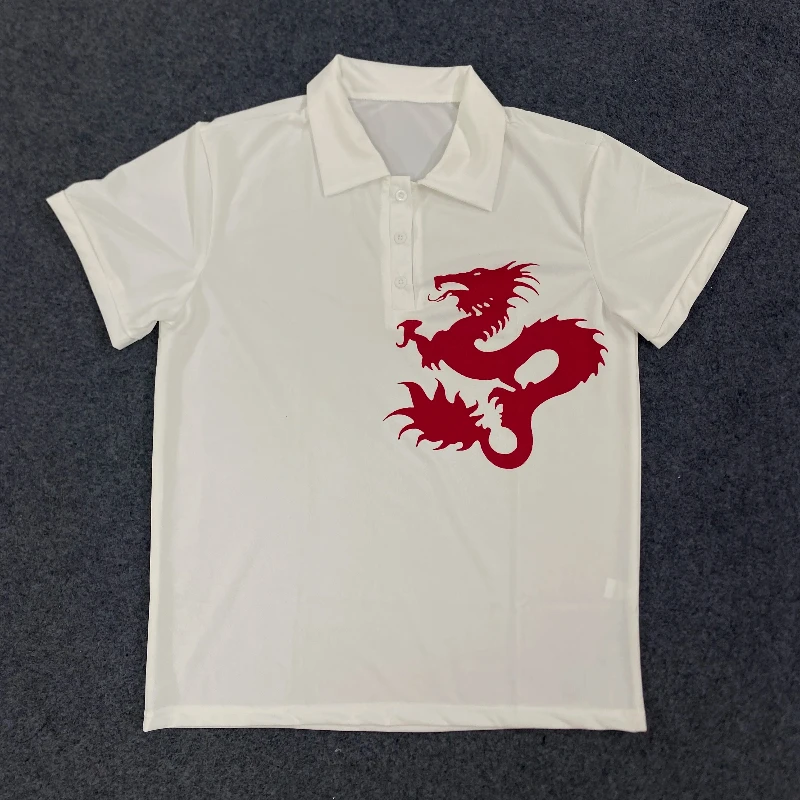Y2K Summer High Street American Sports Casual Vintage Top Creative Dragon Printed Polo Neck Short Sleeve Commuter Button T-shirt