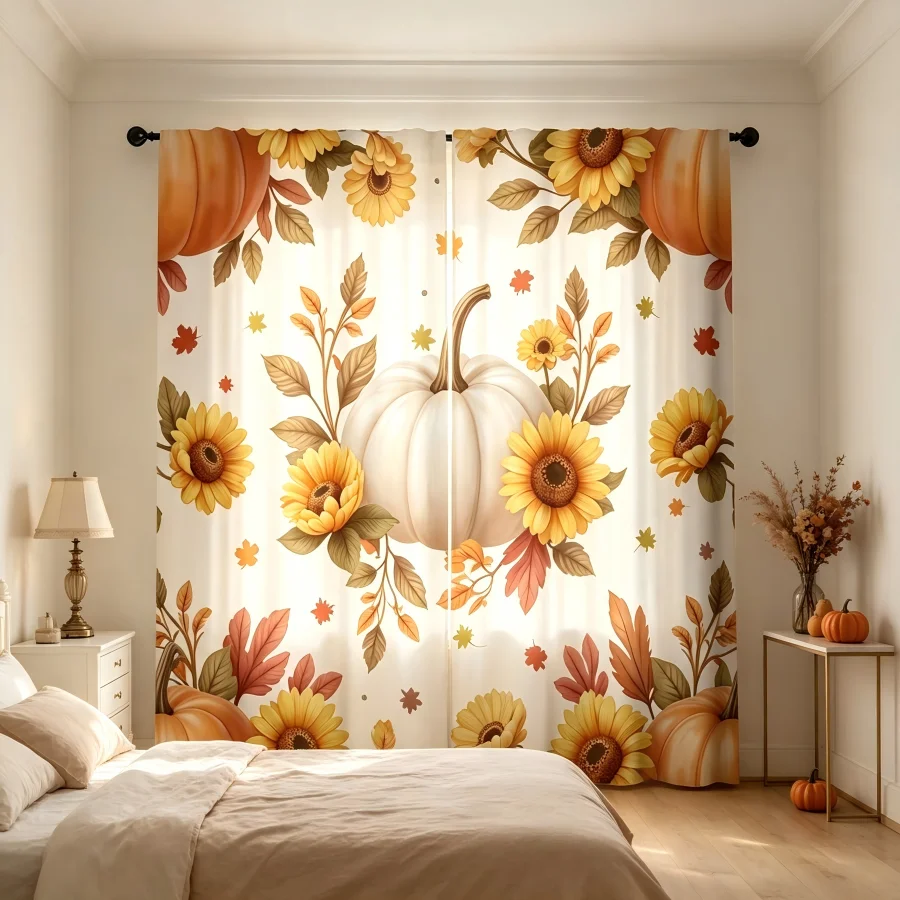 2PCS Digital Print Curtain, Warm Tone Autumn Pumpkins, Fall Harvest Cozy Farmhouse Style for Living Room Bedroom Decor