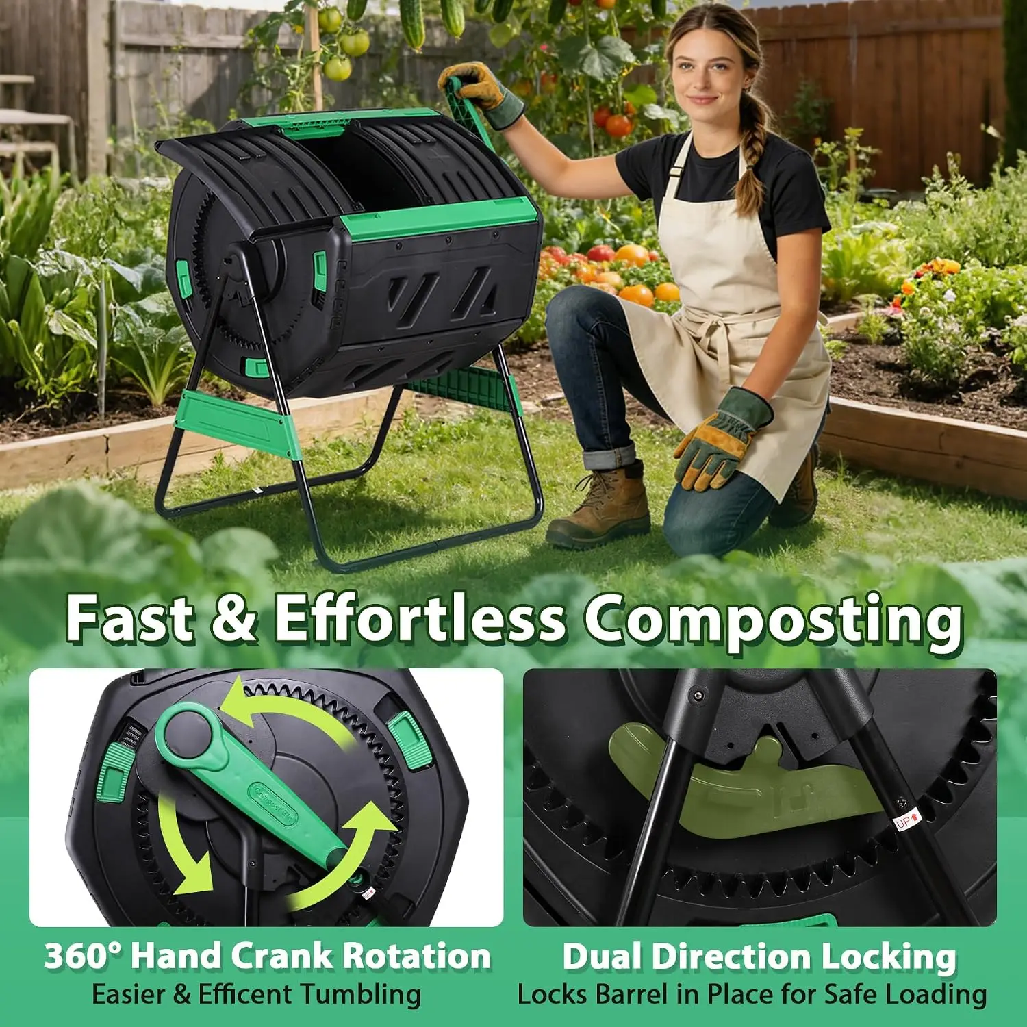 53 Gal Dual Chamber Compost Tumbler Outdoor - BPA-Free Rotating Composter with 8 Adjustable Vents, 2 Sliding Doors & Metal Frame