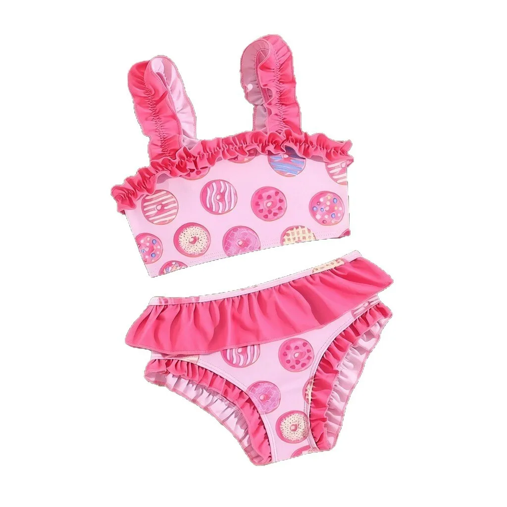 Boutique hot sale children's swimsuit set Ruffled camisole top With briefs Immediate shipment bow and donut print