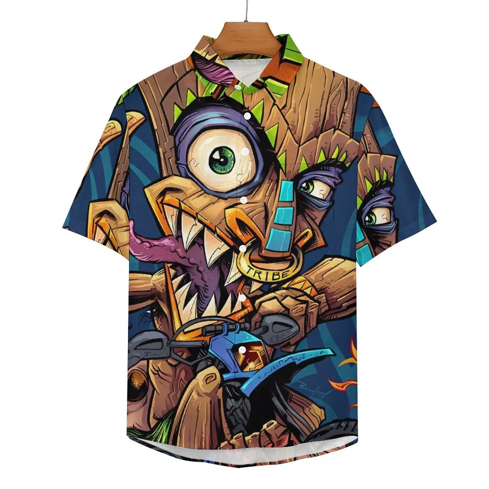 Tropical Tiki Mask Vacation Shirt Tiki Man Motocross Rider Hawaiian Casual Shirts Men Streetwear Blouses Short-Sleeved Clothing