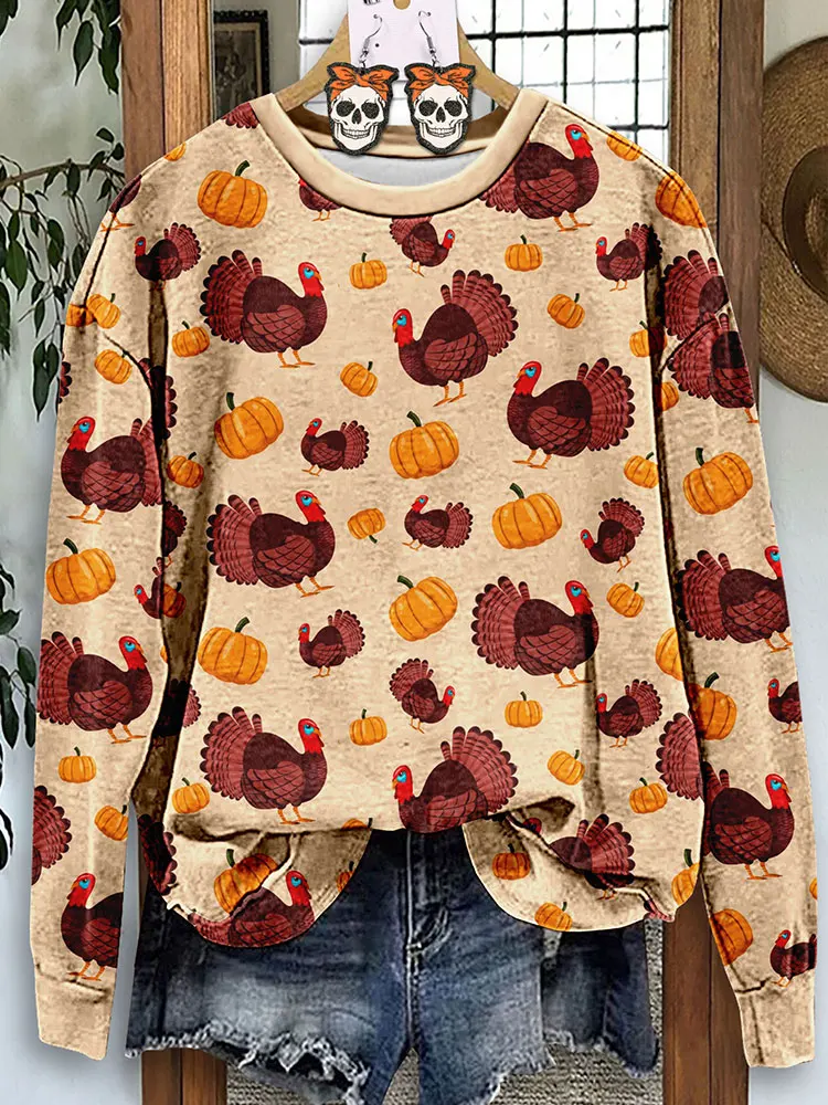 Casual Thanksgiving Turkey Pumpkin Print Sweatshirt