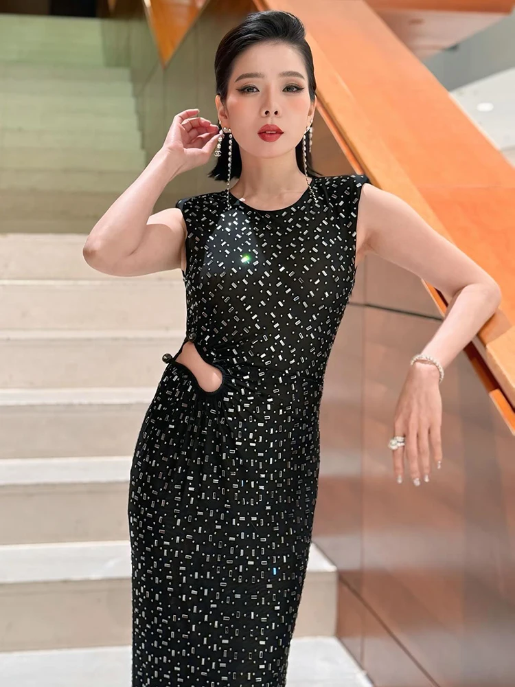 PB Glamoroso vestido largo de sirena sin mangas con lentejuelas negras y detalle recortado Galas formales Vestido de noche de fiesta para eventos especiales