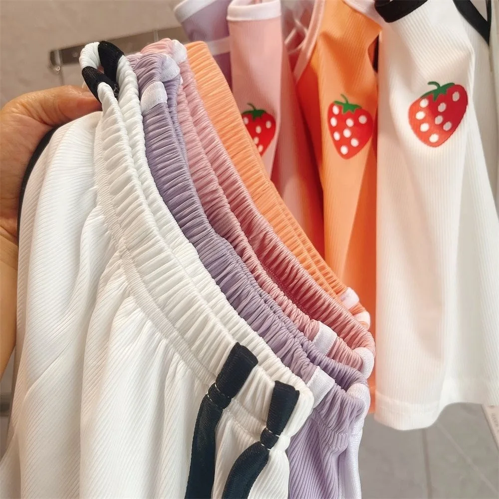 Girl Ice Silk Sling Set Summer Thin Style Baby Vest Shorts 3-8 Years Old Children Strawberry Home Clothing Girl Cute Set
