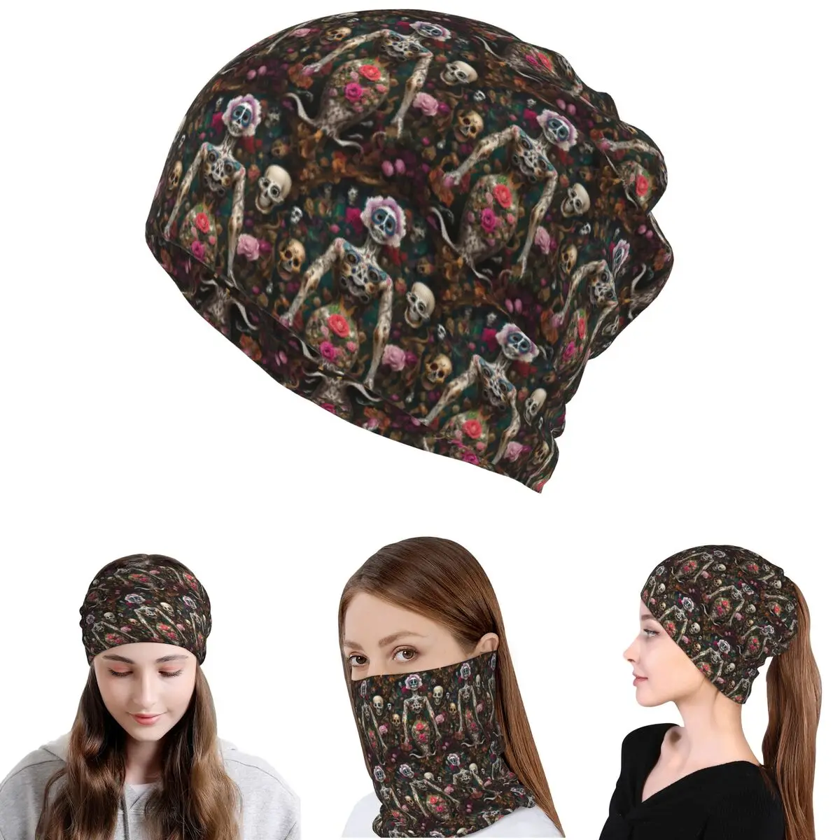 Mexican Catrina Girl Day Of The Dead Sugar Skull Bandana Neck Cover Mask Scarf Cycling Scarf Beanies Hat for Adult All Season