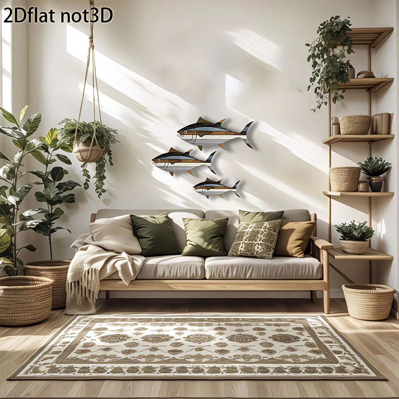 3Pcs Tuna Wooden Wall Decor Set, Patchwork Fish Cutout Ornaments with Nano Tape, Drill Free Nautical Coastal Style Wall Hanging