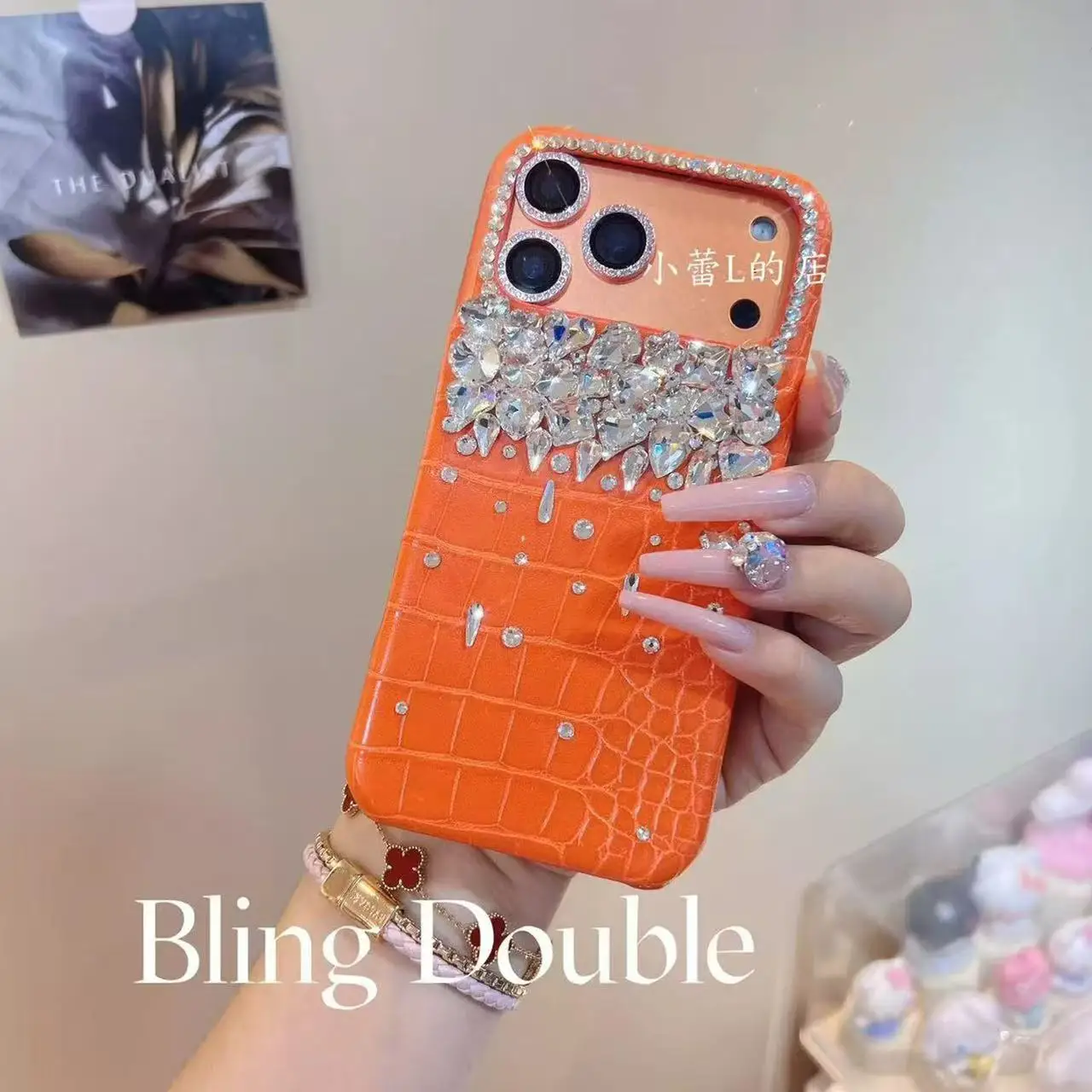 

Crocodile pattern orange leather rhinestone half-sided pile diamond mobile phone case, suitable for iPhone