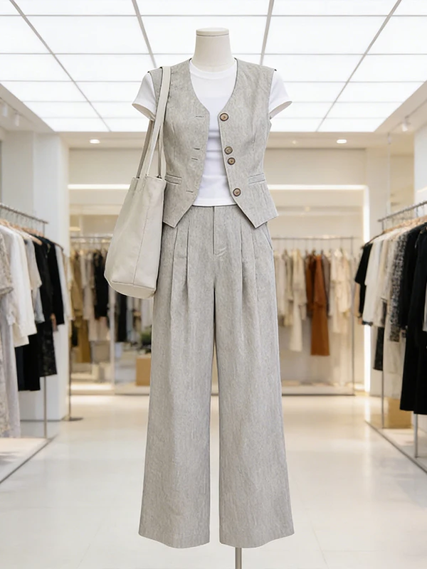 

plus Size Women's Summer Short Sleeve Base Shirt Layering Vest Wide Leg Pants Three Piece Set Casual High Waist Long Pants