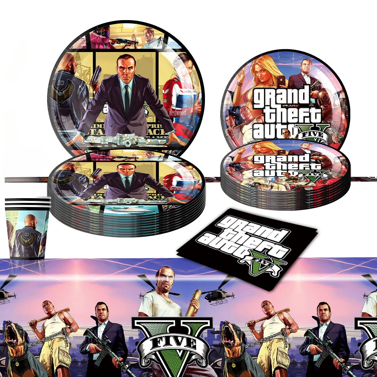 Grand Theft Auto Five Party Decorazione Piatto di carta Tazza Tovaglioli Palloncino Tovaglia Tema nero GTA5 Forniture per feste fai da te per le