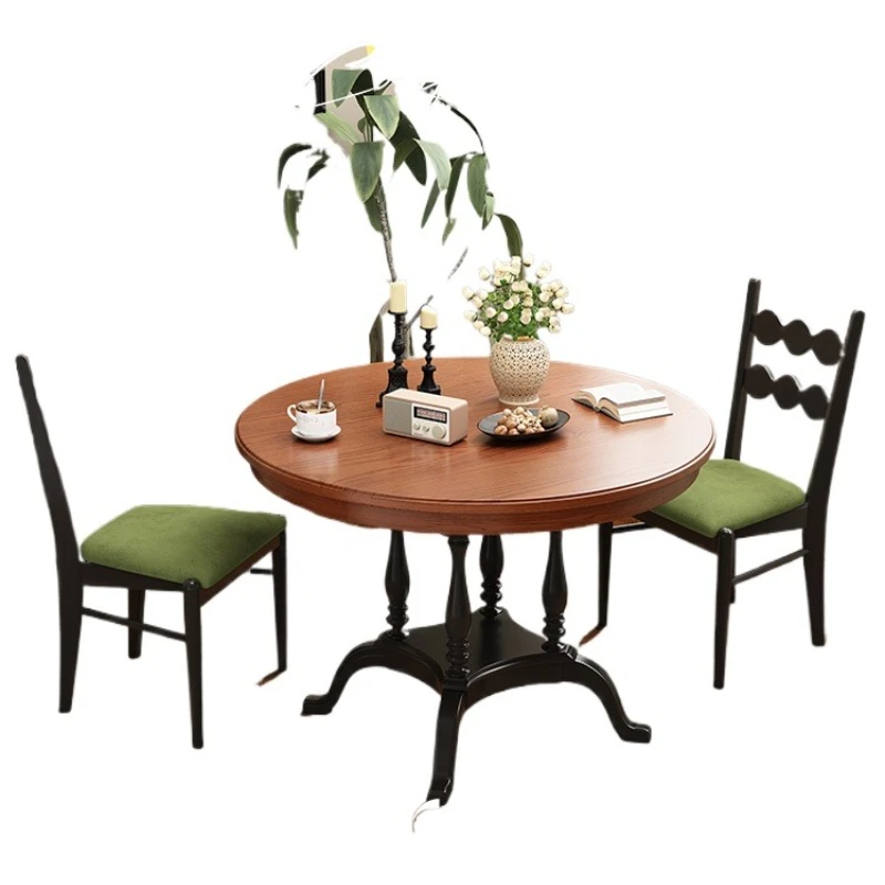 

Medieval solid wood dining table and chairs ash wood French retro American light luxury high-end round small apartment