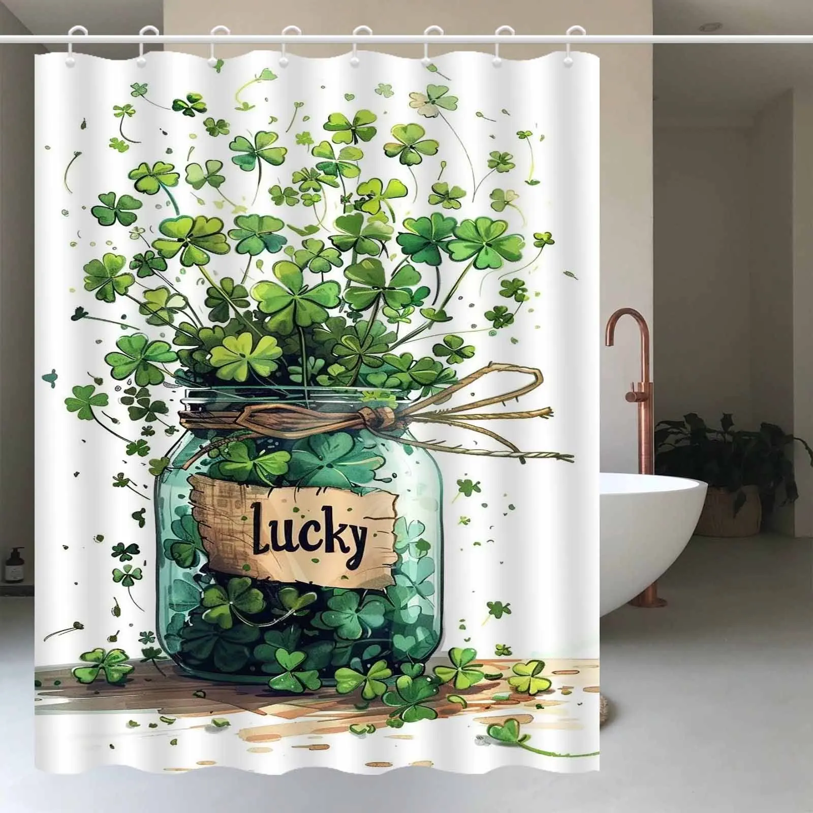 JIT1pcs Pastoral Style Lucky Clover Four Leaf Clover Green Plant Shower Curtain, High-end Elegant and Anti Fog Bathroom Curtain,
