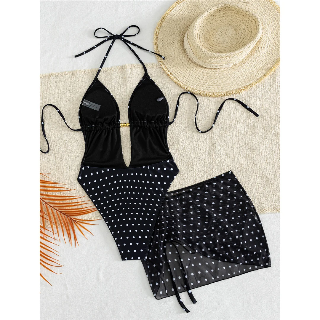 S - XL Polka Dot mit Rock, tiefer V-Ausschnitt, Damen-Badeanzug, einteiliger Badeanzug, Damen-Halterneck-Monokini, Badebekleidung, Badeanzug, Modell V8542. – Detail 8