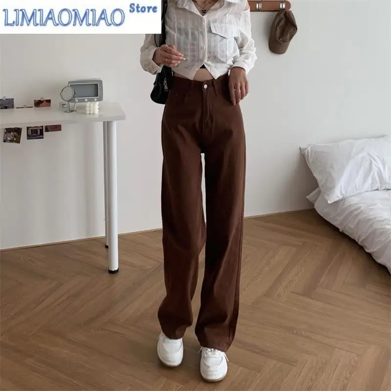 New Summer Women Brown Jeans High Waist Loose Straight Wide Leg Denim Female Y2k Casual Streetwear Vintage Baggy Trouser