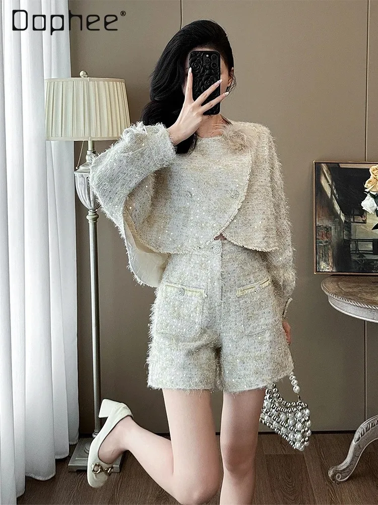 

Spring French Celebrity Light Luxury Tweed Suit High-end Plush Fringed Irregular Top High-waisted Wide-leg Pants Two-piece Set