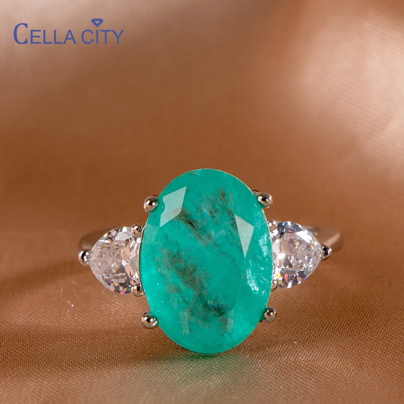 Cellacity คลาสสิก925เงินสเตอร์ลิงแหวนสำหรับ Charm ผู้หญิงรูปไข่ Paraiba ทัวร์มาลีนอัญมณี5A Zircon เครื่องประดับหญิง