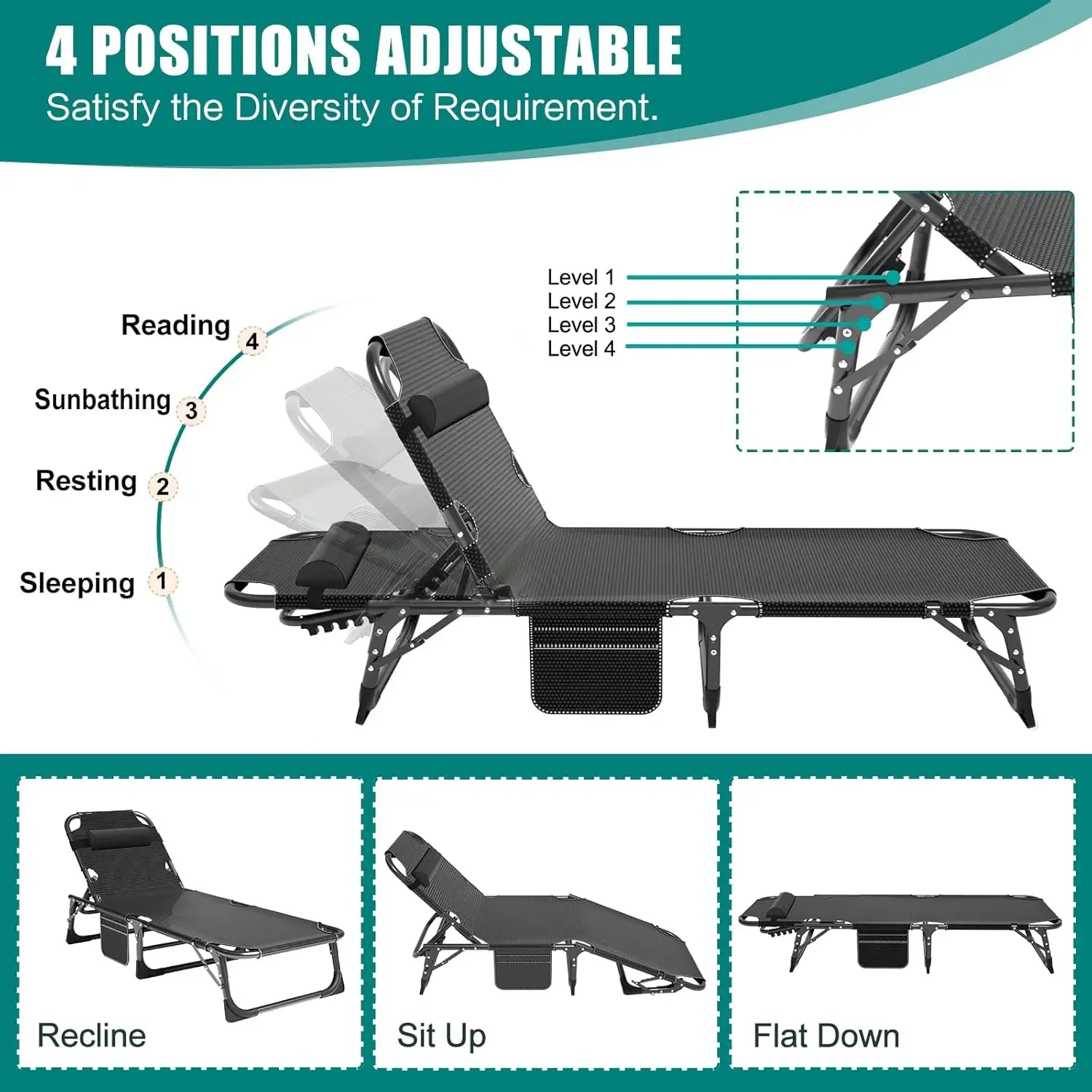 Folding Lounge Chair with Mattress, 4 Position Adjustable Folding Sleeping Bed Cot Chaise Lounge Chairs Perfect for Sunbathing,