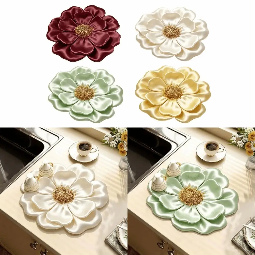 3D Flower Design Kitchen Drying Mat Water Absorbent Oil Resistant Diatom Mud Mat Quick Dry Non Slip Flower Countertop Mat