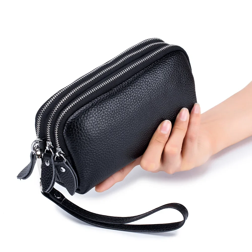 MJ Women Long Wallet Genuine Leather 3-Layer Zipper Purse Bag Large Capacity Wristlet Clutch Wallets Phone Bag Money Purses