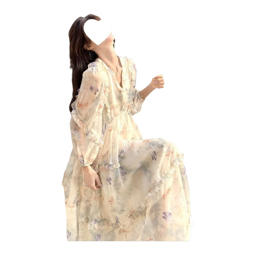French Style Fresh Floral Print Long Dress Women's Elegant Super Fairy Skirt Knee-Length V-Neck Seven-Sleeve Knitted Gown