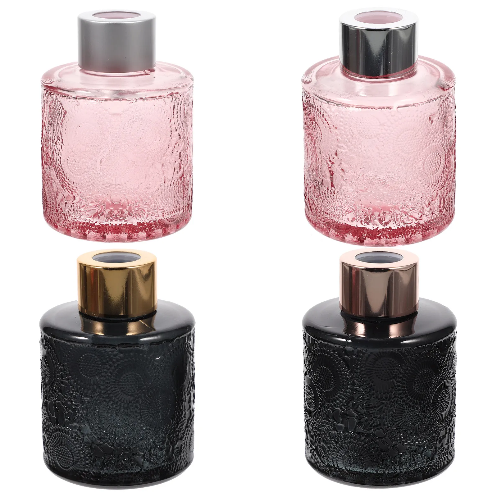 4Pcs Embossed Glass Aroma Bottles Perfume Containers Wide Mouth Diffuser for Essential Oil Fragrance Home Decor