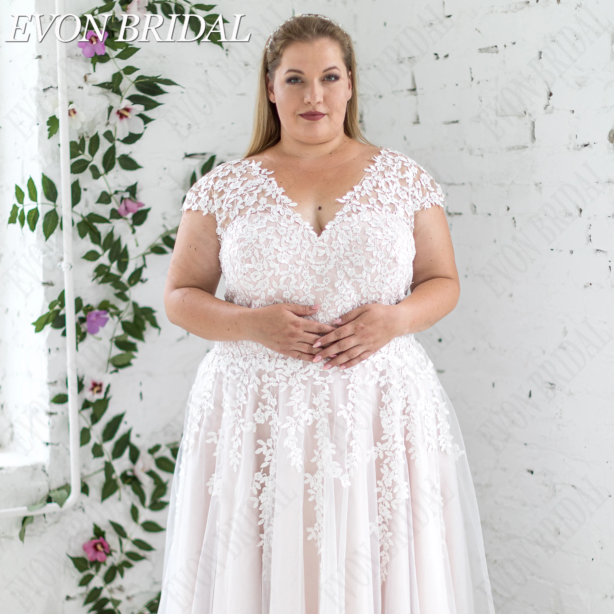 EVON BRIDAL Plus Size Cap Sleeve Bridal Dress Deep V Neck Lace Applique Wedding Gown A-Line Vestidos De Novia Personalized