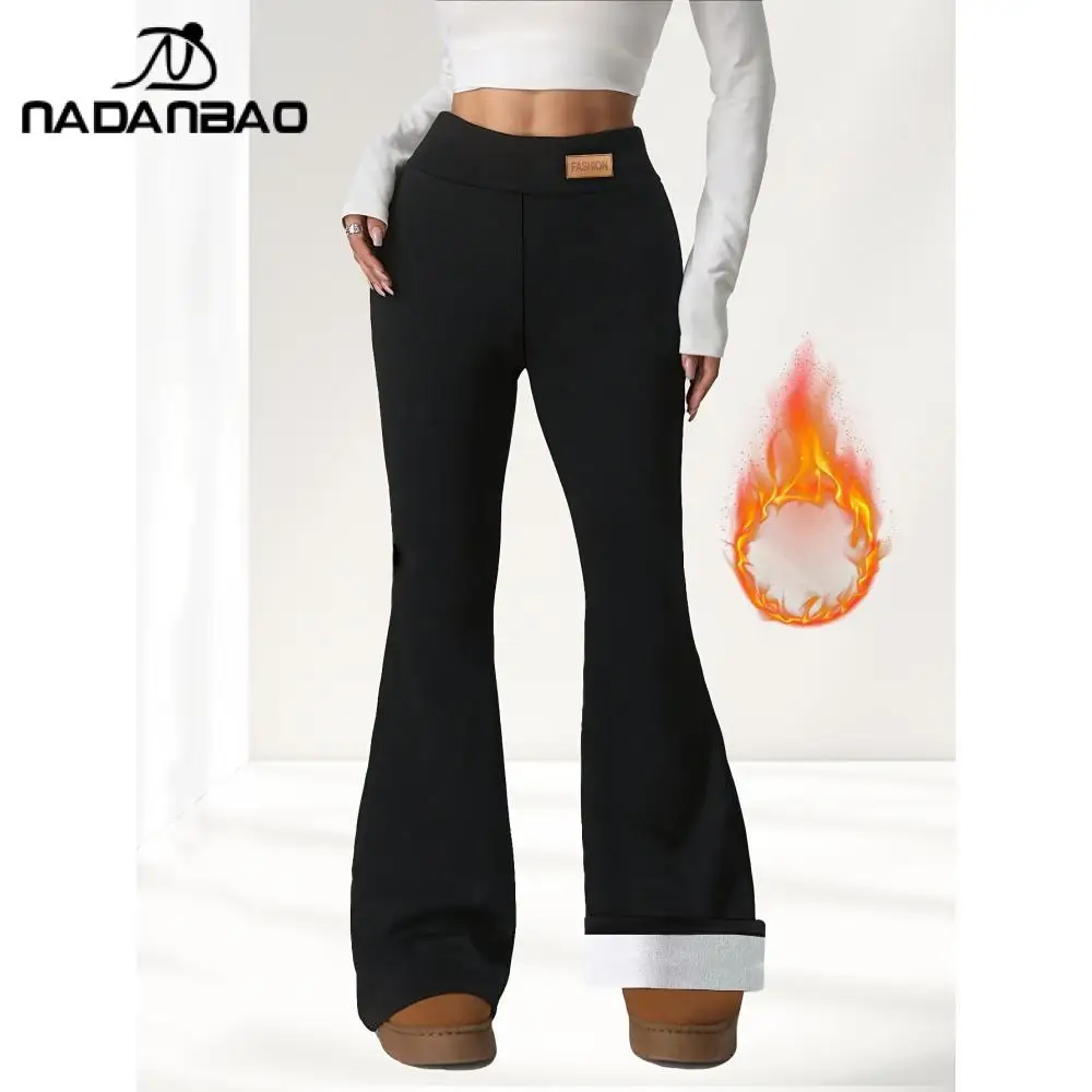 Nadabanbao Winter Fleece-Lined Yoga Flared Pants Women High Waist Stretchy Trousers Slim Warm Casual Pants Sports Outdoor Bottom