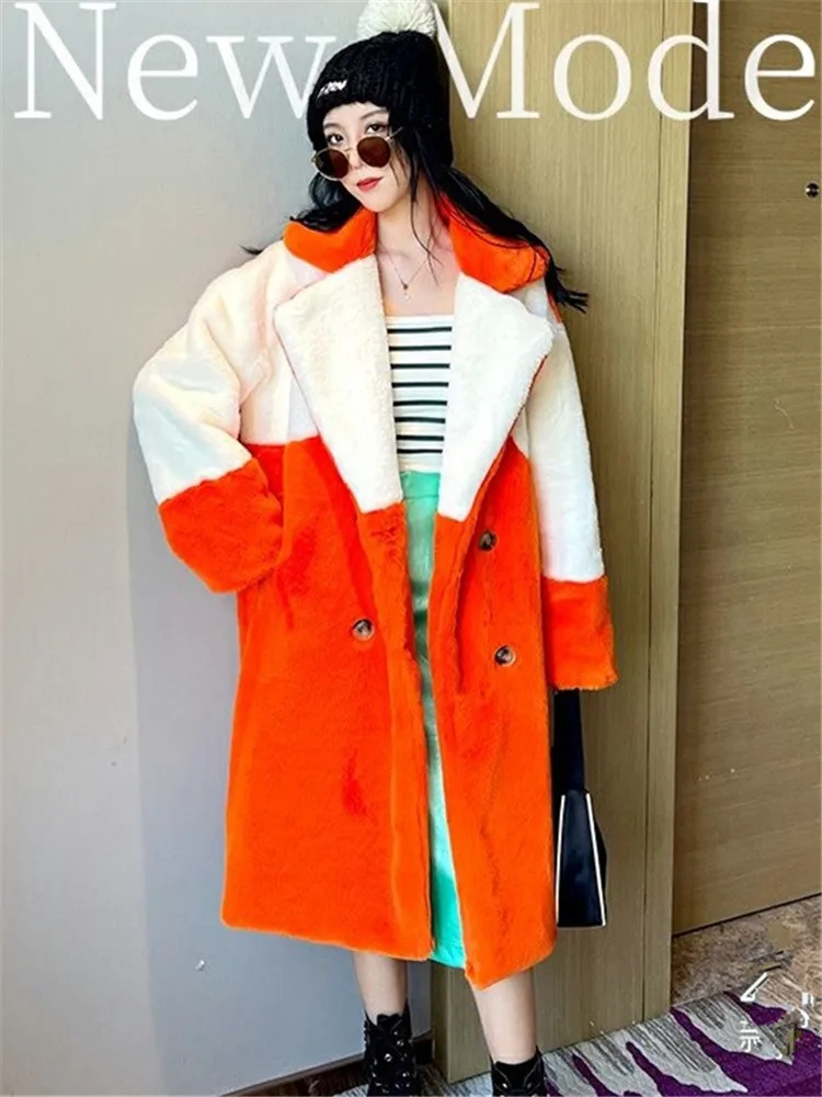 Manteau Long en Fausse Fourrure de Lapin pour Femme, Veste Épissée à Revers, Blanc, Orange, Chaud, Hiver