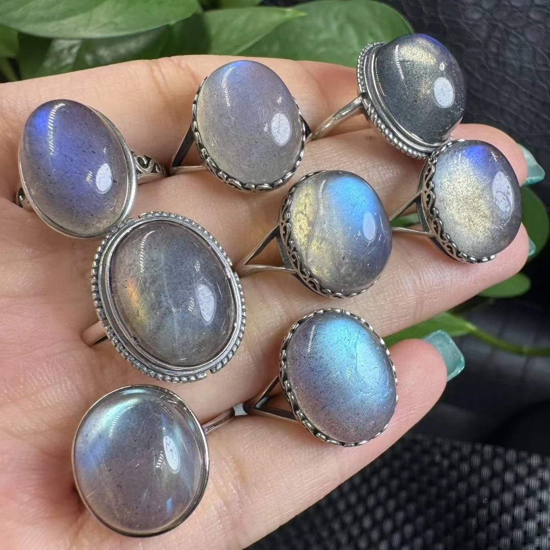 Natural Transparent Labradorite Resizable Ring with S925 Silver Inlay for Wedding Engagement Or Gift Fashion Gemstone Jewelry