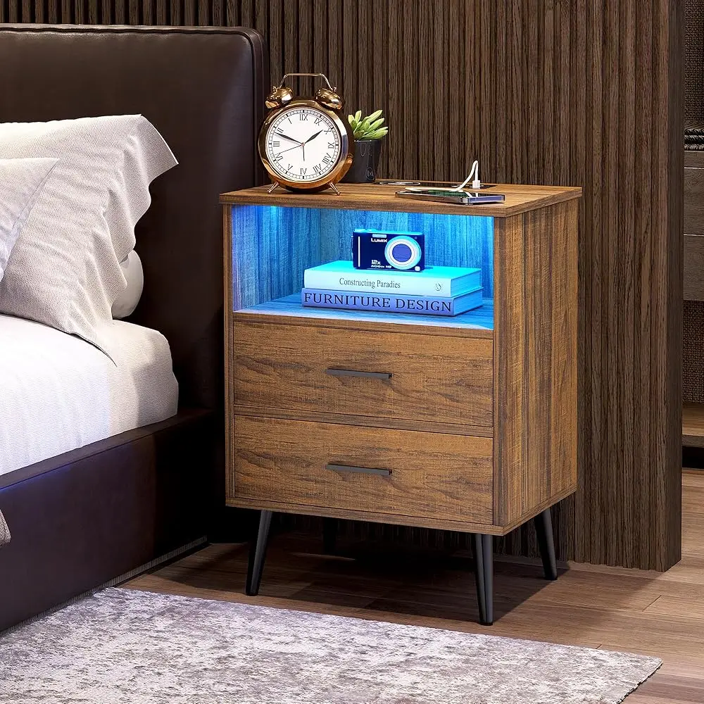 

Led Nightstand With 3 Colors Dimmable Light, Bedroom Night Stand With Charging Station, Modern Smart Bed Side Table With 2