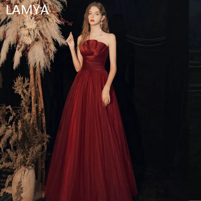 

Customized 2025 Strapless Satin Evening Dresses Burgundy Tulle Fashionable Prom Gown Elegant Wedding Party Dress Вечерние Платья