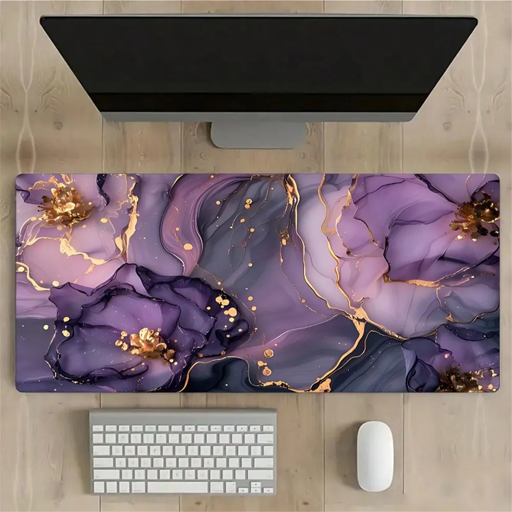 Purple Golden Marble Mouse Pad HD Large Desk Mat With Nature Non-Slip Rubber Base Stitched Edges Desk Pad Keyboard Pad 35.4X15.7in, For Work Game Office Home