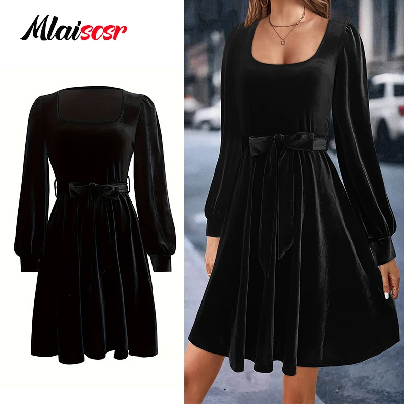 

Mlaiscsr Women's Elegant Black Velvet Mini Dress with Square Collar Waist Bubble Long Sleeves And Short Skirt for Birthday Robe