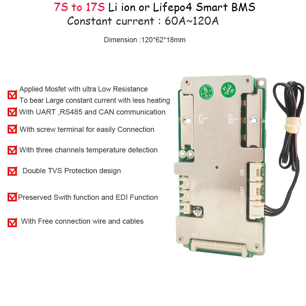 

10S13S 14S 15S Battery Smart Bluetooth BMS with 100A 80A 120A constant current with CAN uart Rs485 Communication inverter BMS